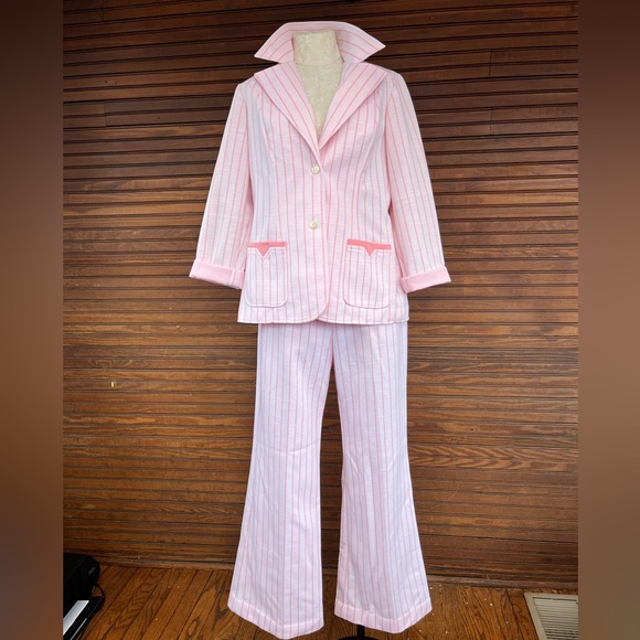 Vintage 1970s Retro Pink Pin- Striped Blazer and Pants Set